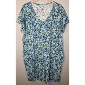Pure Jill Soft V Neck T Shirt Dress Large Blue Floral Pockets Short Slv Organic